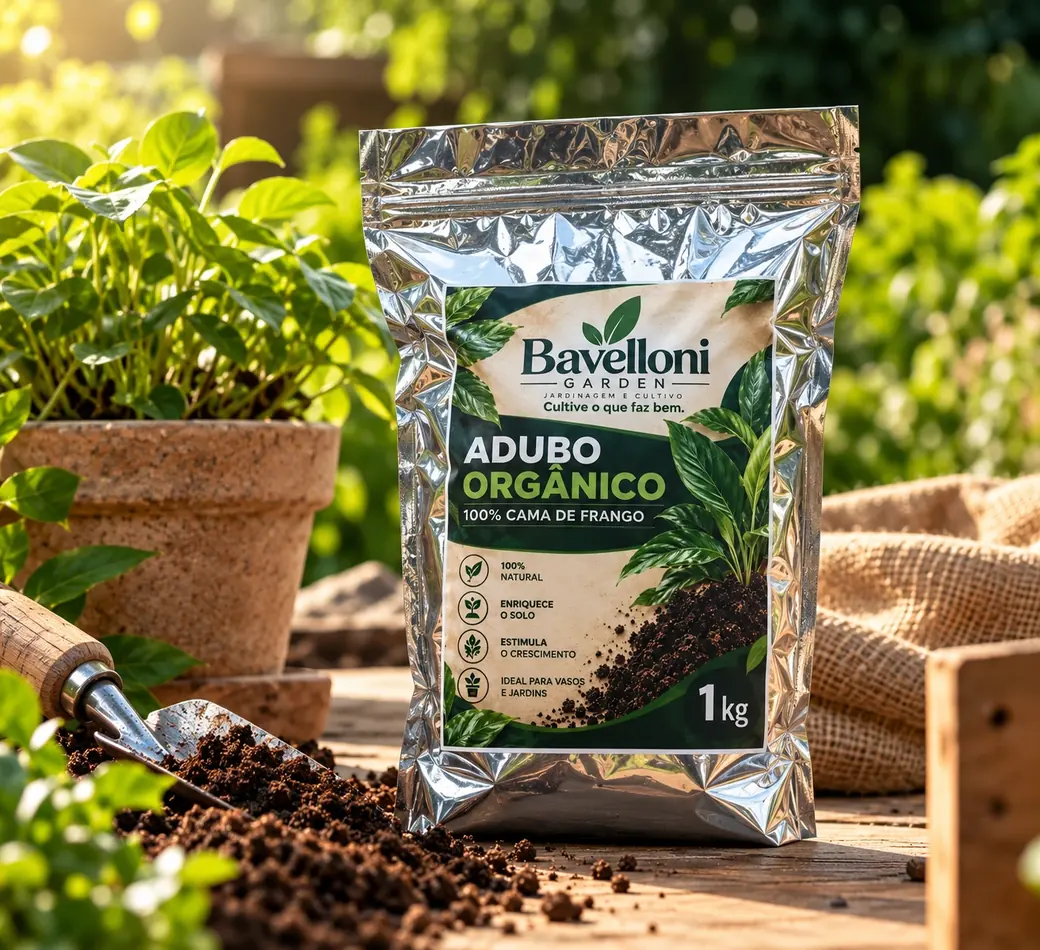 Adubo Orgânico Bavelloni Garden, 100% cama de frango, na embalagem de 1 kg, sobre uma bancada de jardim com vaso, pá e terra