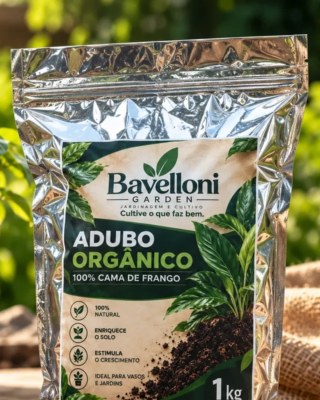 Parte de cima da embalagem metalizada do Adubo Orgânico Bavelloni Garden, com o fecho zip que abre e fecha